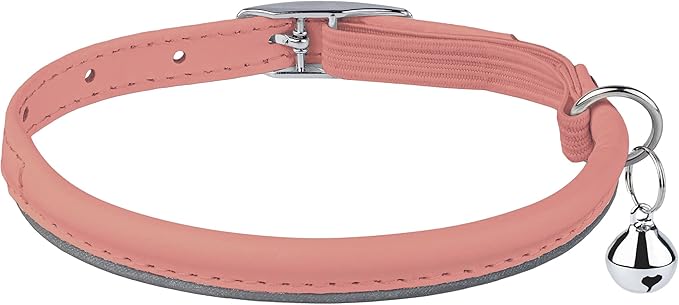 OOPSDOGGY Rolled Leather Cat Collar with Bell, Reflective Kitten Collars with Buckle Include Safety Elastic Strap - Adjustable Small Pet Collars for Boy Girl Cats (Peach)-Mewly Pet