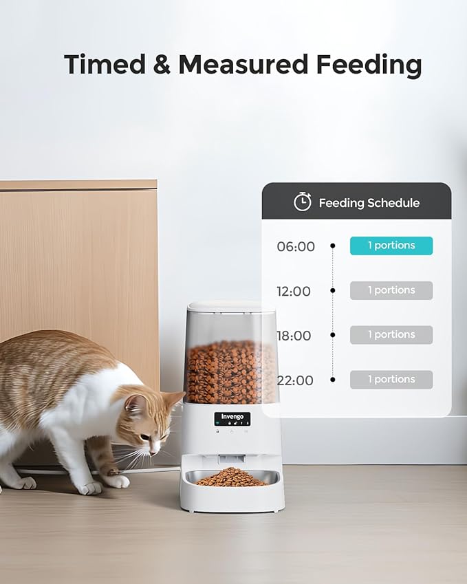 Cat Feeder Automatic - Cat Food Dispenser MeowServe S20, Auto Dog Feeder with Stainless Steel Bowl, 5L Pet Feeder with Patented Anti-Jam Port, App, Dual Lock Lid, Dual-Band WiFi & Power, White-Mewly Pet