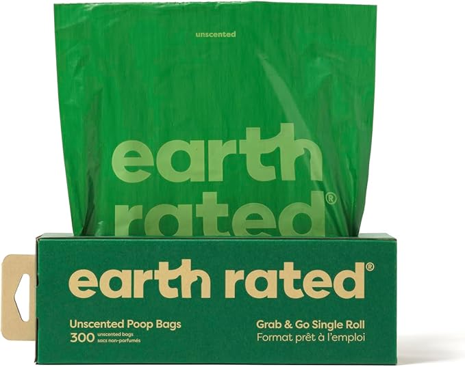 Earth Rated Dog Poop Bags, Thick Grab and Go Single Roll, Ideal for Backyard Pickups, Unscented, 300 Count-Mewly Pet