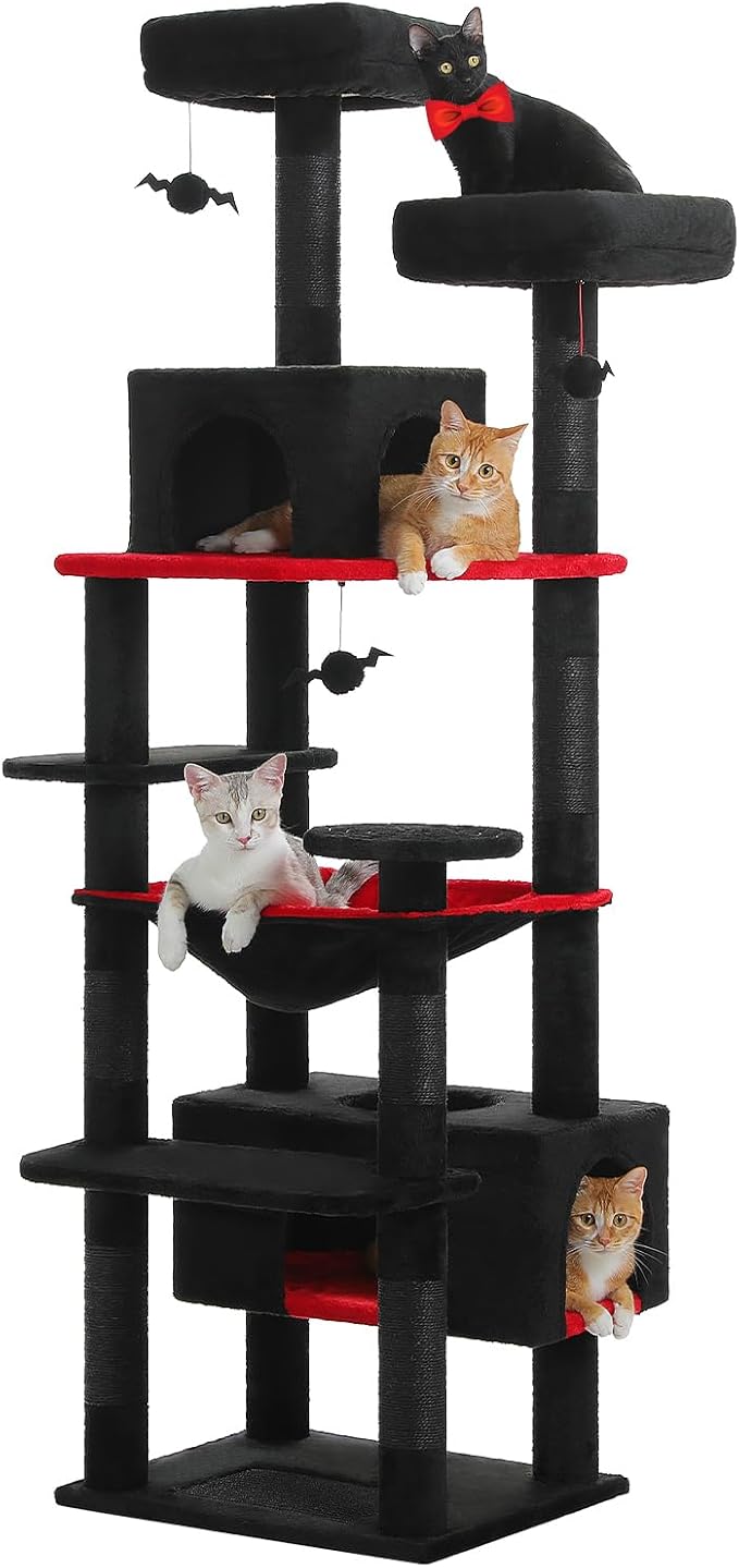 PAWZ Road Large Cat Tree, 72 Inches Gothic Cat Tower for Large Cats, Cat Condo with Sisal-Covered Scratching Posts and Pads, 2 Padded Perch, Dual Condo and Basket for Indoor Cats-Black-Mewly Pet