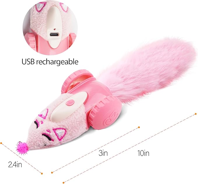 Migipaws Automatic Cat Toys, Plush Cat Mouse Toy, Interactive Toy for Indoor Cats, Smart Moving Kitten Toy, Rechargeable (Pink)-Mewly Pet