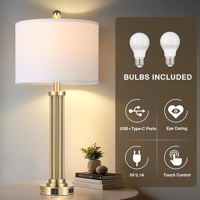 28" Tall Modern Table Lamps Set of 2 with USB C+A Ports and AC Outlet, 3 Way Touch Metal Bedside Lamps for Living Room, Gold Nightstand Lamps for Bedroom
