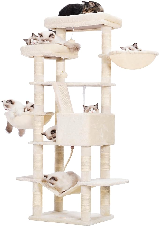 Heybly Cat Tree, 68 inch Multi-Level Cat Tower for Indoor Cats, 2 Widened Plush Perches Cat Condo with Scratching Board and Big Caves, Beige HCT025M-Mewly Pet