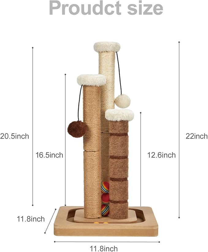 Cat Scratching Post Premium Natural Sisal Jute Carpet 3 Scratch Posts with Interactive Track Ball Base and Hanging Balls Toys Kitten Scratcher for Indoor Kittens and Small Cats-Mewly Pet
