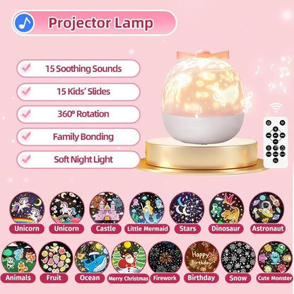 PIKOY Unicorn Toys for Girls Gifts, 15 Films+15 Lullaby Sound Machine for Kids Night Light Projector, Remote+Rechargeable Night Light for Kids Gifts, 360 °Rotation Princess Mermaid Toddler Girl Toys