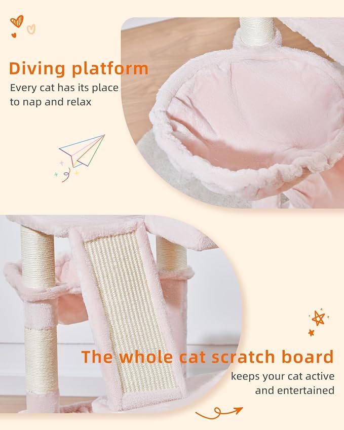 Taoqimiao Cat Tree 57.5-Inch, Cat Tower for Indoor Cats Large Adult, Extra Large Cat Condo, 8 Sisal Scratching Posts, Metal Frame Cozy Hammock, Durable Scratch Board, 2 Top Perches, Jelly Pink MS026P-Mewly Pet