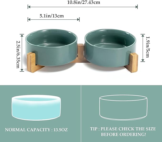 SPUNKYJUNKY Ceramic Dog and Cat Bowl Set with Wooden Stand, Modern Cute Weighted Food Water Set for Small Size Dogs (13.5OZ) & Medium Sized Dogs (28.7OZ) & Cats (1.7 Cups, 2 × Morandi Green)-Mewly Pet