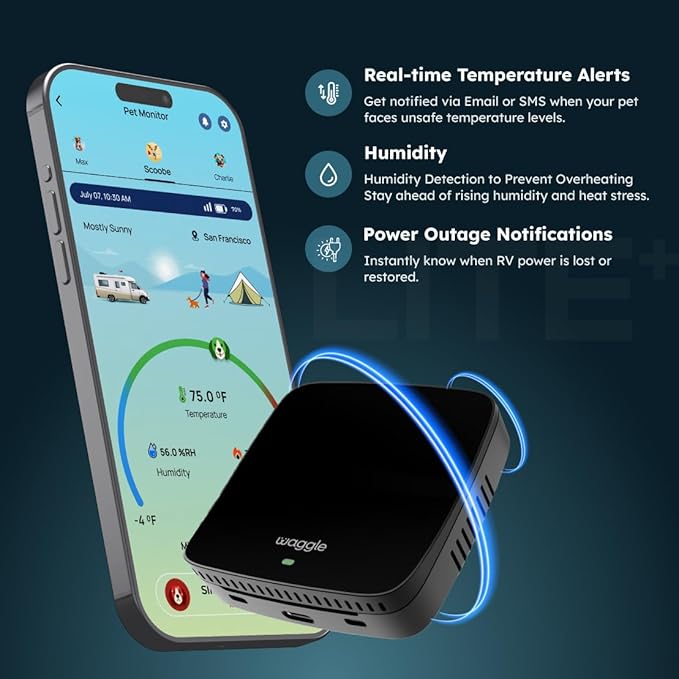 Waggle RV Pet Temperature Monitor + 4G Security Camera with Solar Powered Panel - Supports Multi-Carrier Network-Mewly Pet