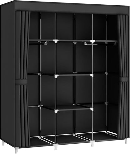 Portable Closet Wardrobe, 51-Inch Clothes Organizer with 2 Hanging Rods and 8 Shelves, Non-Woven Fabric Cover, Medium Capacity Storage for Bedroom and Living Room, Black