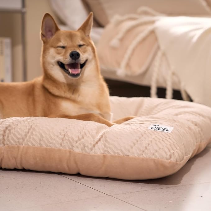 FUNNY FUZZY 2 in 1 Dog Crate Bed Pad for Large Sized Dog, Washable Reversible Pet Soft Mats,Durable Fluffy Kennel Mattress,Indoor Cats, 35" × 23", Beige-Mewly Pet