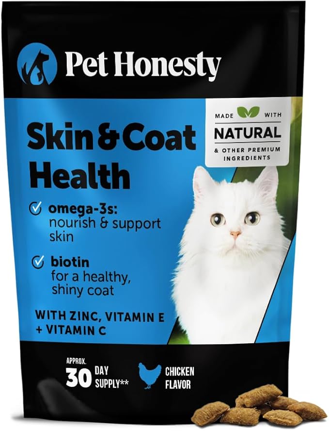 Cat Skin & Coat Health Crunchy & Creamy Chews - Omegas, Vitamin C + E, Biotin Supplement, Soothes Skin and Promotes Shiny Coat, Cat Supplements & Vitamins - Chicken (30-Day Supply)-Mewly Pet