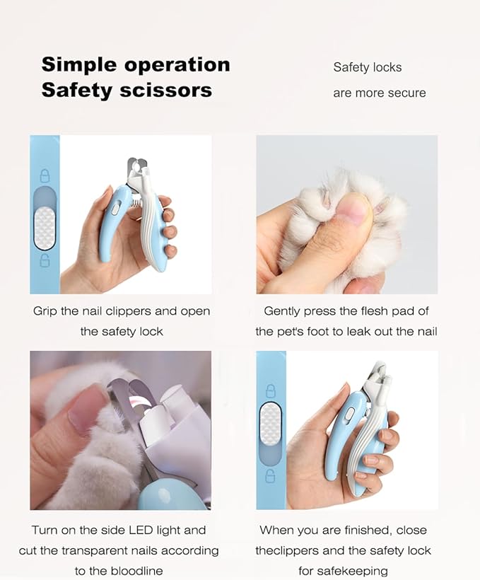 Cat Dog Pet Nail Clippers with Light, Llluminates Cat Dog Nails Or Bloodline, Safety Pet Nail Clipper for Dogs, Cats, Rabbits, Sharp, No Nail Splitting(Blue)-Mewly Pet
