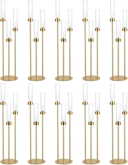 Vincidern 10pcs Gold 3 Arm Candelabra Taper Candle Holder for Table Centerpieces, 34in Tall Metal Candlestick Holder with Acrylic Lampshade for Wedding,Party,Holiday Christmas, Halloween Candelabra