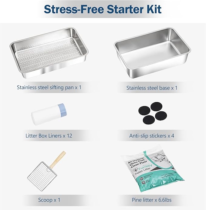 Stainless Steel Sifting Litter Box with Lid, Metal Litter Pan with Scoop for Big Cats Multi Cat, Extra Large Cats Litterbox Odor Control Easy Clean (23*15.4*6.9inch-Without Enclosure, X-Large)-Mewly Pet