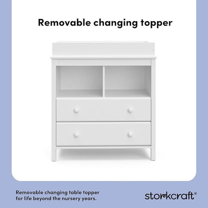 Storkcraft Alpine 2 Drawer Changing Table Chest (White) - Attached Changing Table Topper Fits Any Standard-Size Baby Changing Pad, 2 Drawers, 2 Shelves for Extra Nursery Storage, Easy to Assemble
