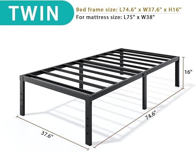 Metal Bed Frame Twin Size - 16 Inch Heavy-Duty Twin Platform Bed Frame No Box Spring Needed, Easy Assembly, Noise-Free, Sturdy Mattress Foundation, Underbed Storage Space