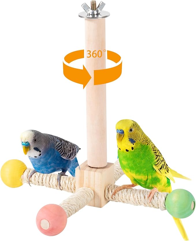 Rotating Bird Perches Toy, Interactive Spinning Parrot Parakeet Toys, Wooden Exercise Stand Bird Cage Accessories for Budgies,Cockatiels,Small Birds-Mewly Pet