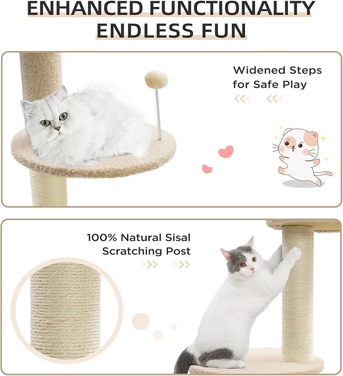 Made4Pets Floor to Ceiling Cat Tree 93-106'',Tall Cat Tower 5 Tiers, Adjustable Height, Stable Cat Tree Tower with Scratching Posts, Fluffy Condo, Hammock and Ball Toy for Indoor Cats/Kitten, Beige-Mewly Pet