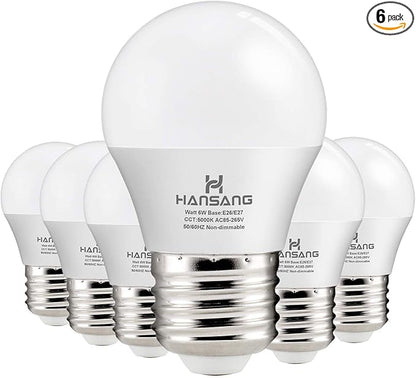 hansang A15 LED E26 Small Light Bulb, Daylight 5000K, 60Watt Equivalent Ceiling Fan Light Bulbs, E26 Standard Base Appliance Light Bulb, 600 Lumen, CRI85+, Eye Protection, 120V, Non-Dimmable 6 Pack