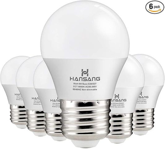 hansang A15 LED E26 Small Light Bulb, Daylight 5000K, 60Watt Equivalent Ceiling Fan Light Bulbs, E26 Standard Base Appliance Light Bulb, 600 Lumen, CRI85+, Eye Protection, 120V, Non-Dimmable 6 Pack
