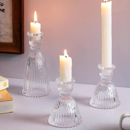 6 Pcs Clear Glass Candlestick Holders (3.5"/6", Assorted)- Tall Taper Candle Holders with Vintage Design, Candle Stick Holders in Bulk for Party Decorations, Glass Candle Holder for Tapered Candles