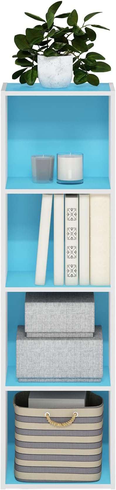 Furinno PASIR Book Shelf, 4-Tier Modern Bookshelf, Open Shelves Bookcase 9" x 12" x 42", for Living Room, Bedroom, Home Office, Light Blue/White