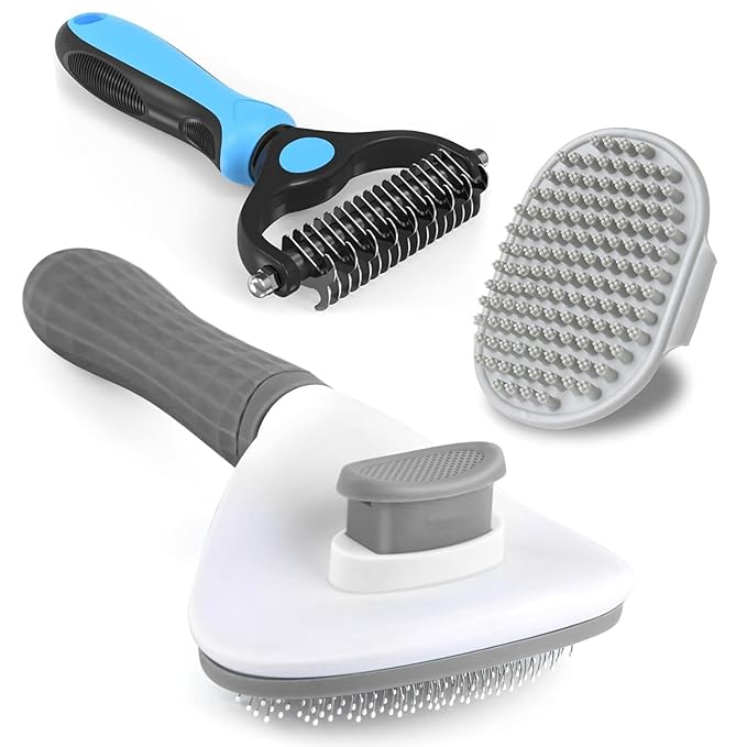 3PCS Dog Grooming Brush - Dog Brush for Shedding Massaging Bathing - Double Sided Shedding, Dematting Undercoat Rake - Self Cleaning Slicker Comb for Dogs and Cats with Long or Short Coats-Mewly Pet