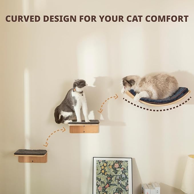 Cat Wall Shelf with Two Steps - Curved Cat Shelves and Perches for Wall (Large Size) - Wall Mounted Cats Furniture for Sleeping, Playing, Climbing, and Lounging-Mewly Pet