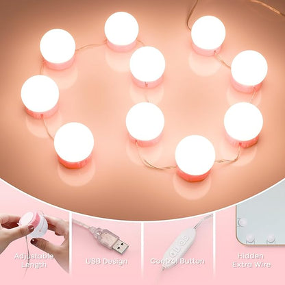 Consciot LED Vanity Lights for Mirror, Hollywood Style Vanity Light with 10 Dimmable Bulbs, Adjustable Color & Brightness, USB Cable, Mirrors Lights Stick on for Makeup Table Dressing Room Mirror