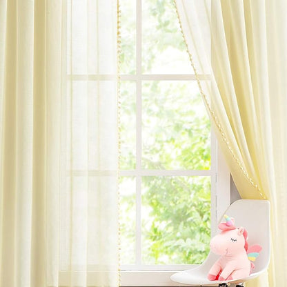 Treatmentex Pom Pom Yellow Sheer Curtains for Girl's Room 63" Linen Texture Voile Draperies for Bedroom 52" w 2 Pack
