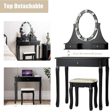 Giantex Vanity Set with Lighted Mirror, Makeup Table with 10 Rose Light, Modern Dressing Desk with Cushioned Stool, 3 Drawers and 360° Rotating Mirror for Bedroom, Vanity Table with Stool (Black)
