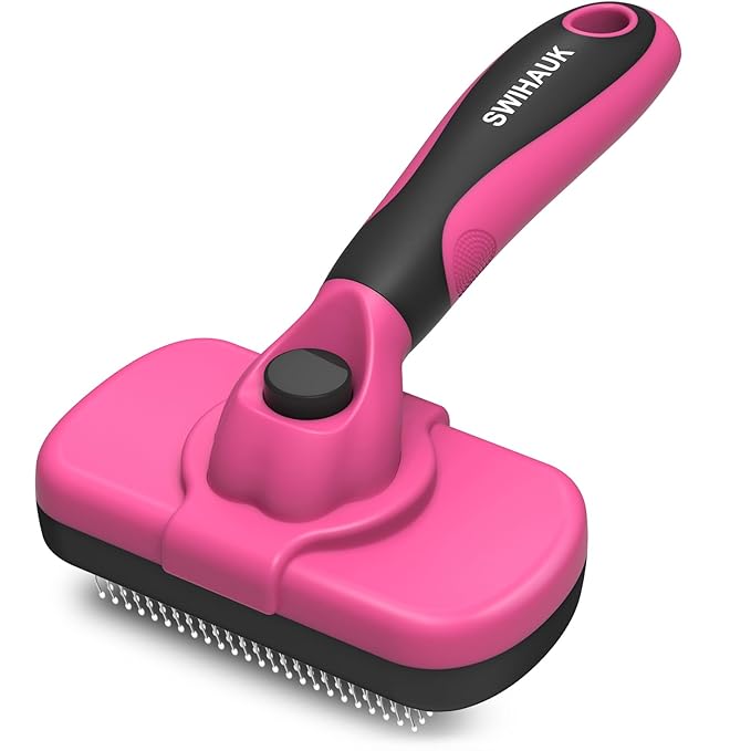 Swihauk Self Cleaning Slicker Brush for Dogs & Cats - Skin Friendly Grooming, Deshedding, Hair Removal for Puppies & Long/Short Haired Pets, Pet Supplies Accessory, Pink-Mewly Pet