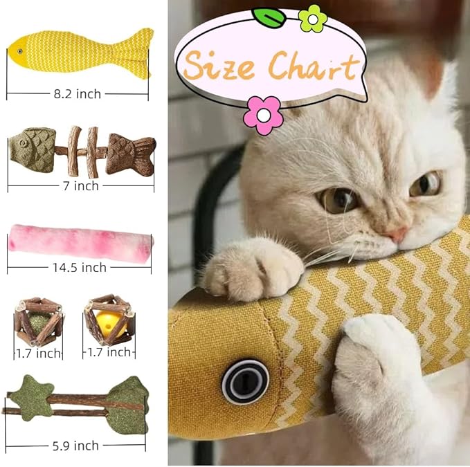 Natural Cat Toys Set with Catnip Fish & Bone,Catnip Plush Toy & Natural Silvervine Stick Cage Balls & cat nip for Cats Lolipop, 8-Piece cat Toys for Indoor Cats Interactive Pet Toys-Mewly Pet