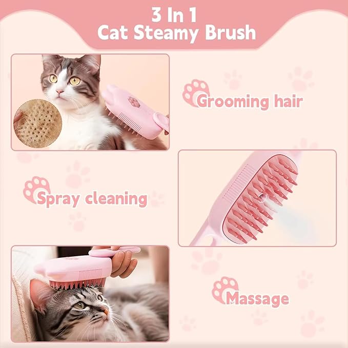 4 in 1 Cat Steam Brush Rechargeable pet spray comb Steam Brush for Cats and Dogs, Massage, Cleaning, Shedding & Combing Multifunctional Hair Removal Anti Static Grooming Tool for home (Pink)-Mewly Pet