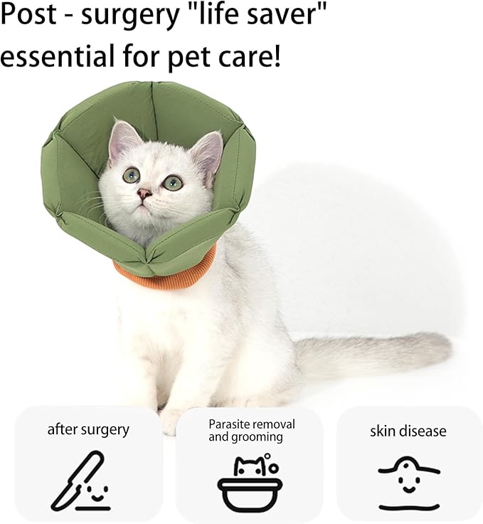 Cat Cone Collar - Soft Waterproof Elizabethan for Cats, Cute Green Flower Anti-Lick Recovery Collar, Adjustable Healing Collar for Wound Care & Surgery，S-Mewly Pet