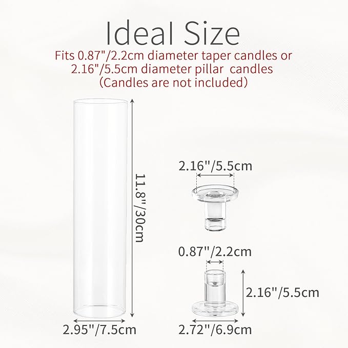 Glass Hurricane Candle Holder: 11.8" Tall Candlestick Holder with Cylinder Windproof Cover Clear Taper Candle Holders for Wedding Party Birthday Christmas Home Decor Set of 2