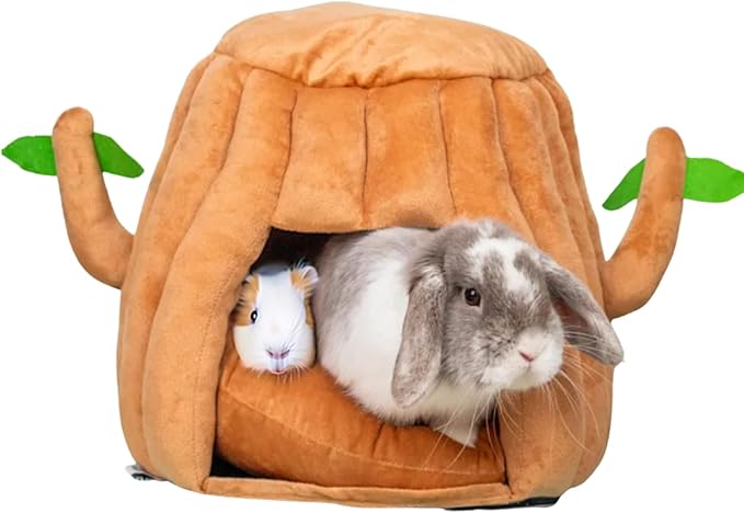 Hopp'd™ Guinea Pig Hideout & Bed – 2-in-1 Washable Tree Stump House | Rat, Ferret, Hamster, Bunny Bed Hideout | Waterproof, Anti-Slip, Chew-Proof | Free Pillow | Small Animal Accessories (Large)-Mewly Pet