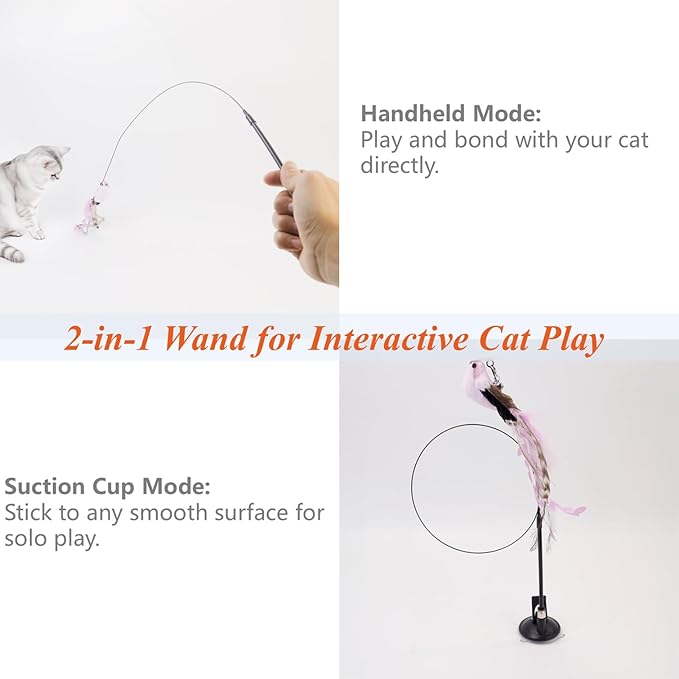 12PCS Interactive Cat Feather Wand Toy Set – 11 Bird & Feather Teaser Refills with Bells + Flexible Suction Cup Wand – Realistic Bird Design, Natural Materials, Indoor Cat Toys for Exercise & Play-Mewly Pet