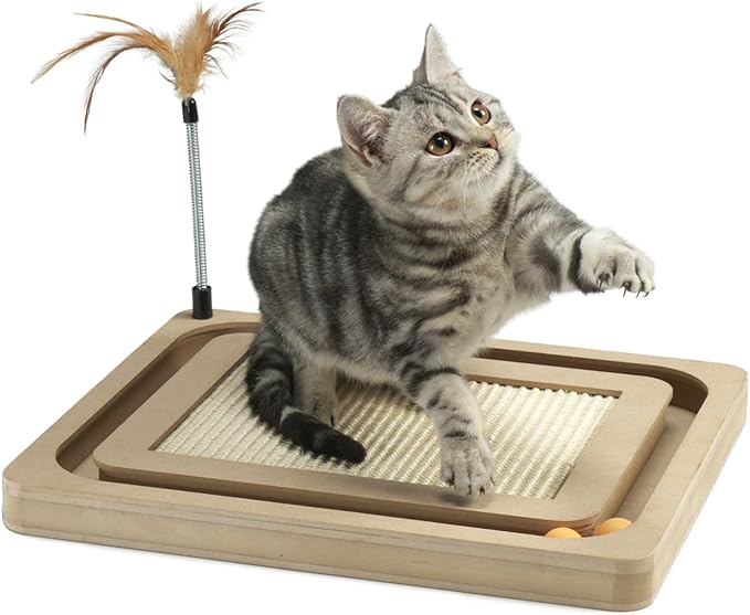 PEEKAB Cat Scratcher,Sisal Scratching Board with Track Ball Interactive Toy and Swing Feather Toys for Indoor Cats and Kittens,Large Heavy Durable-Mewly Pet