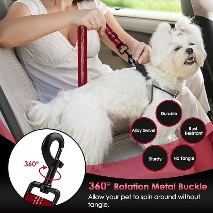 SlowTon 2 Pack Dog Seat Belt, 2 in 1 Attachment, Hook Latch Bar or Seatbelt Buckle with Elastic Nylon Bungee Buffer Adjustable Reflective Nylon Safety Belt Tether Connect to Dog Harness (2pack-R)-Mewly Pet