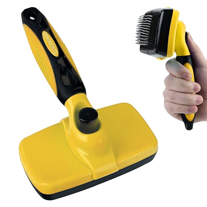 Large Self Cleaning Deshedding Brush for Dogs & Cats - One Button Hair Release Grooming Tool, Gentle Massage Brush for Long and Short Hair (Yellow)-Mewly Pet