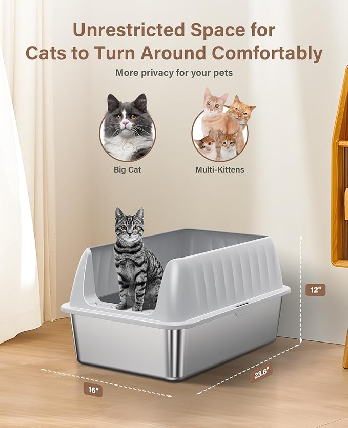 Cat Litter Box Stainless Steel XL with Lid, Enclosed Metal Extra Large Litter Box Pan High Sided with Scoop for Big Cats, Non-Sticky, Anti-Urine Leakage, Easy Cleaning-Mewly Pet