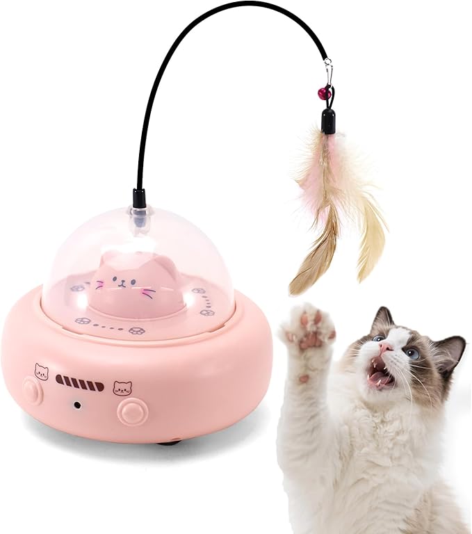 Automatic Cat Toys with Feathers, Interactive Cat Toy for Indoor Exercise, Rechargeable Teasing Toys for Indoor Cats, USB Powered, Smart Standby&Obstacle Avoidance(Pink)-Mewly Pet