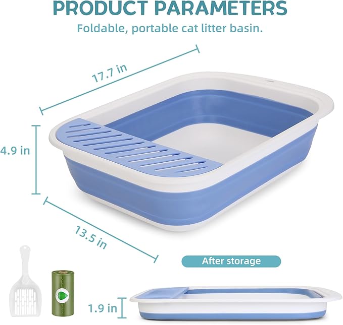 Collapsible Kitten Litter Box, ShineMe Open Top Small Cat Litter Box with Scoop and Litter Bag, Anti-Splash Waterproof Kitty Toilet Potty Pan for Sick Frail Cat 17" x 13.5", Blue-Mewly Pet
