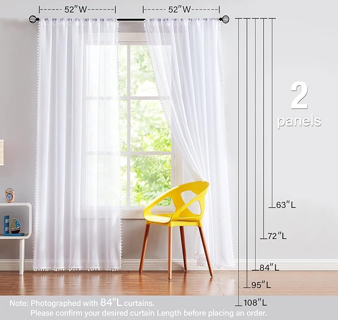 Treatmentex Pom Pom White Sheer Curtains for Living Room 63" Linen Texture Rod Pocket Window Sheers 52" w x 2 Panels, Rod Pocket Drapes