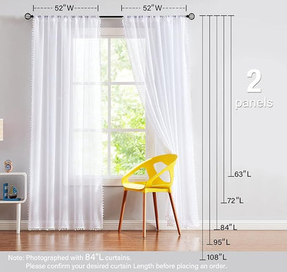 Treatmentex Pom Pom White Sheer Curtains for Living Room 63" Linen Texture Rod Pocket Window Sheers 52" w x 2 Panels, Rod Pocket Drapes