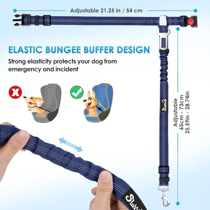 SlowTon Dog Seat Belt for Car, 2 Pack Dog Car Harness Seatbelt Adjustable with Elastic Bungee Buffer, 2 in 1 Pet Car Leash Headrest Restraint Dog Reflective Safety Tether (Blue, Headrest+Clip)-Mewly Pet