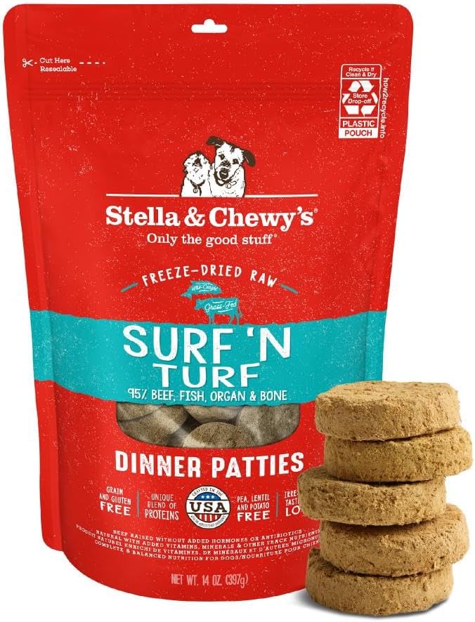 Stella & Chewy's Freeze-Dried Raw Dinner Patties - Surf 'N Turf Salmon & Beef Recipe - High Protein Grain-Free Puppy & Dog Food - Perfect For Picky Eaters - 14 oz-Mewly Pet