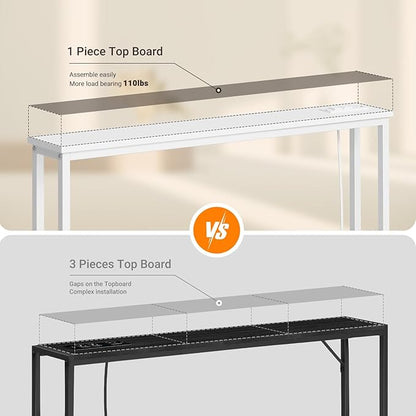 ELYKEN 5.9" Narrow Console Sofa Table with Power Outlets, 5.9" Dx39.4 Wx31.1 H Long Couch Table with Metal Frame and Charge Station with 6.5’ Extension Cord, White