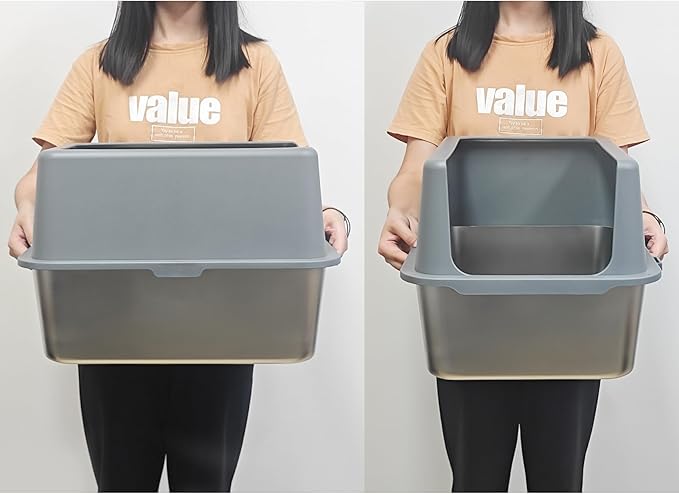 Litter Box with Lid, Stainless Steel Litter Box, 12" Metal Litter Pan High Sides, Small Litter Tray for Kittens, Cat Litter Tray Covered Grey, Easy Clean-Mewly Pet